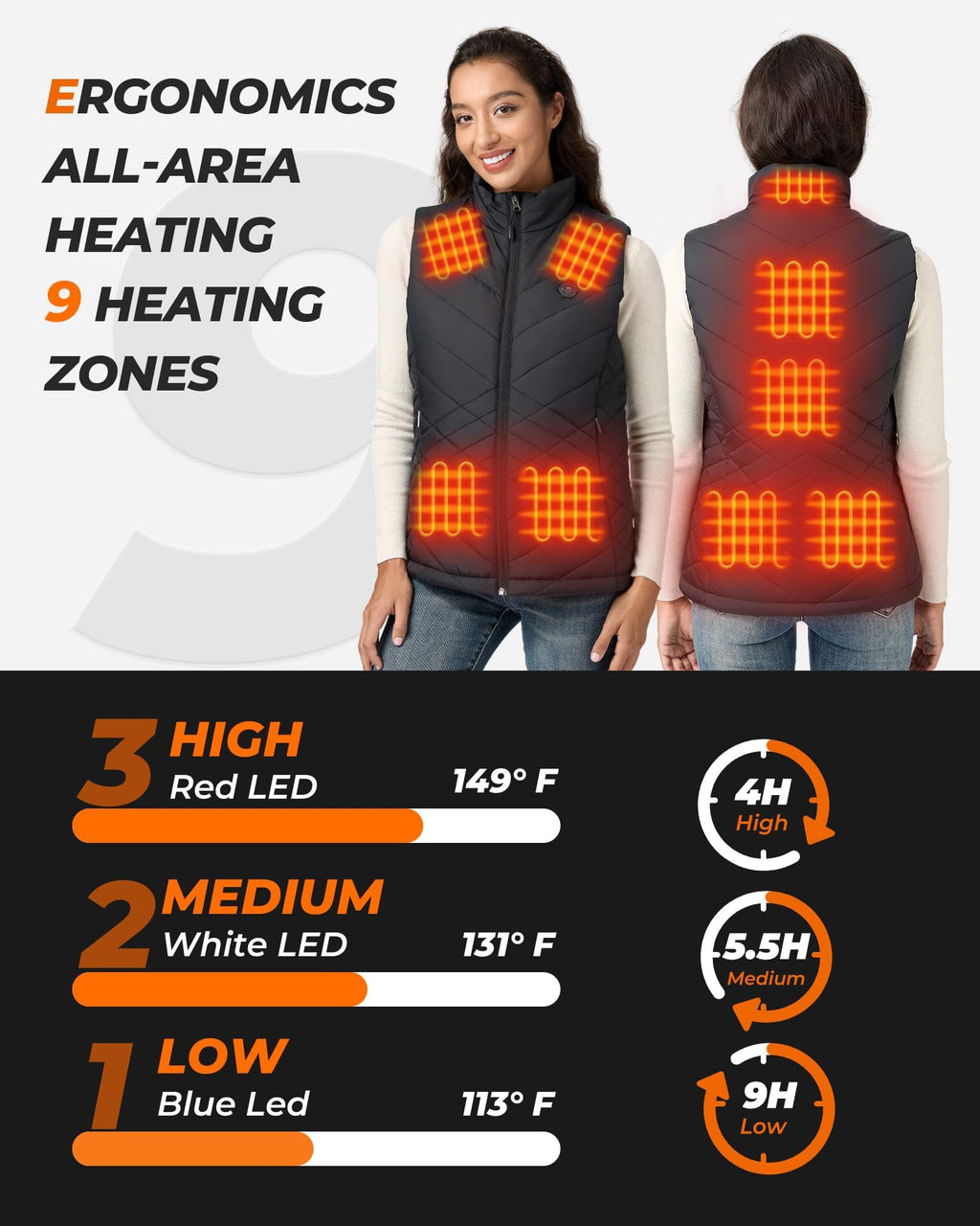 Heated Vest Women, 9 Heating Zones, Diamond Quilting, Nylon