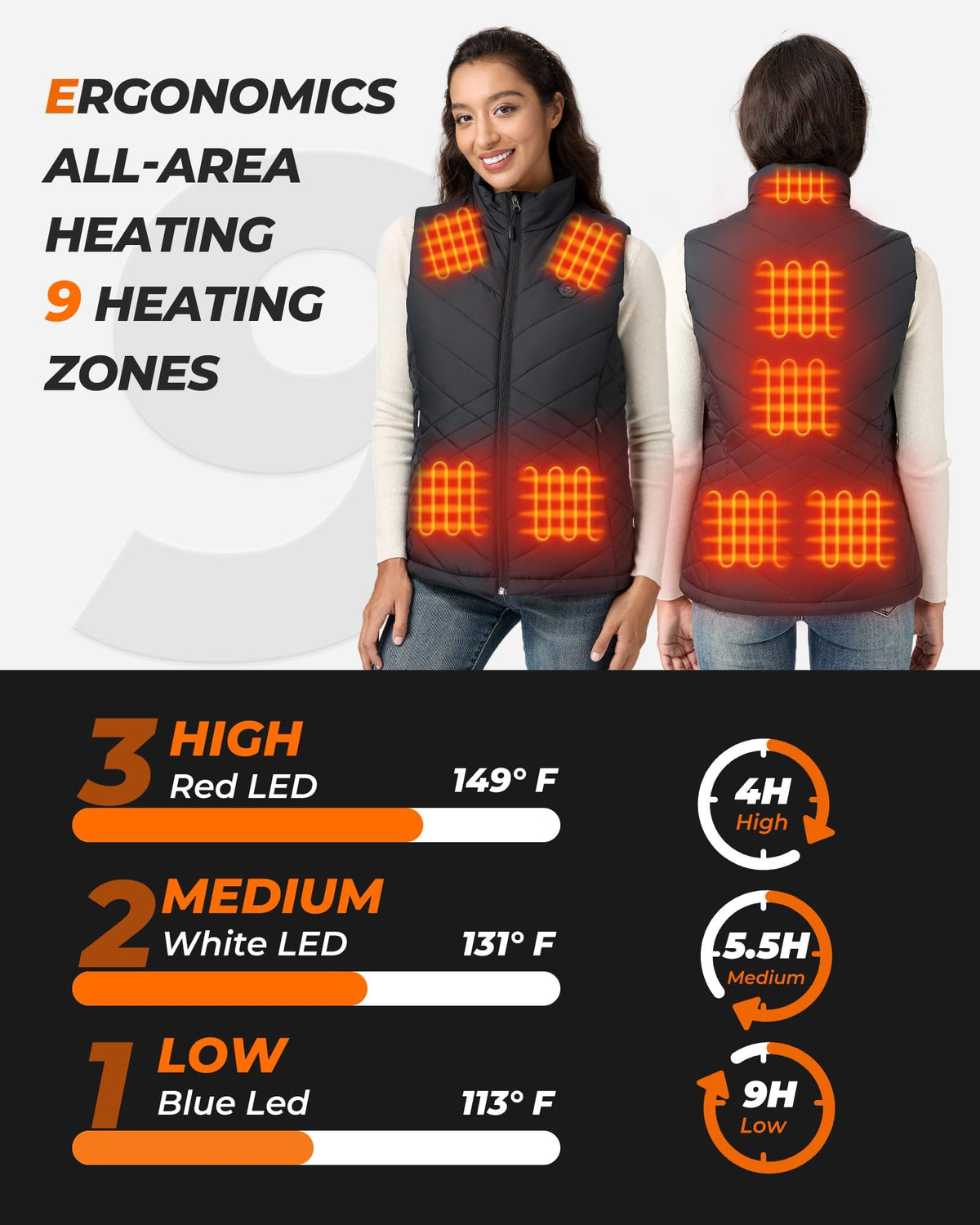 Heated Vest Women, 9 Heating Zones, Diamond Quilting, Nylon