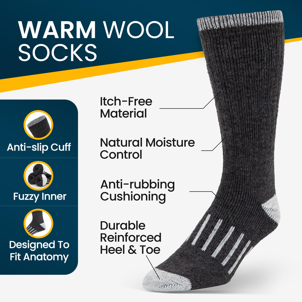 Mens Merino Wool Crew Socks Thermal and Warm Socks for Winter Work Hiking Running 3 Pairs