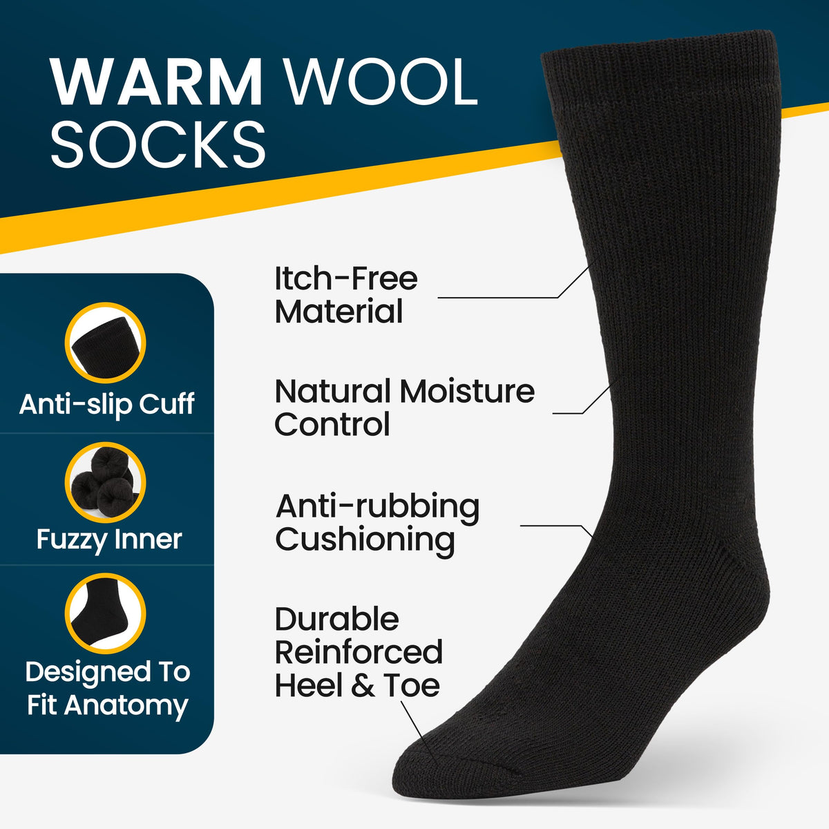 Mens Merino Wool Crew Socks Thermal and Warm Socks for Winter Work Hiking Running 3 Pairs