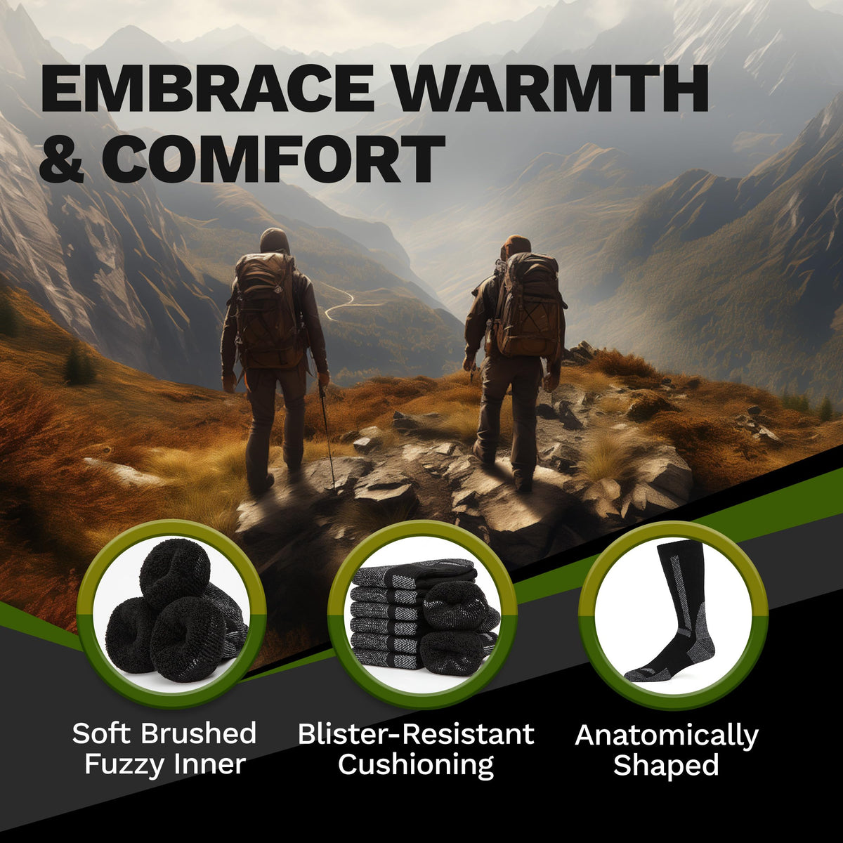 Mens Merino Wool Crew Socks Thermal and Warm Socks for Winter Work Hiking Running 3 Pairs