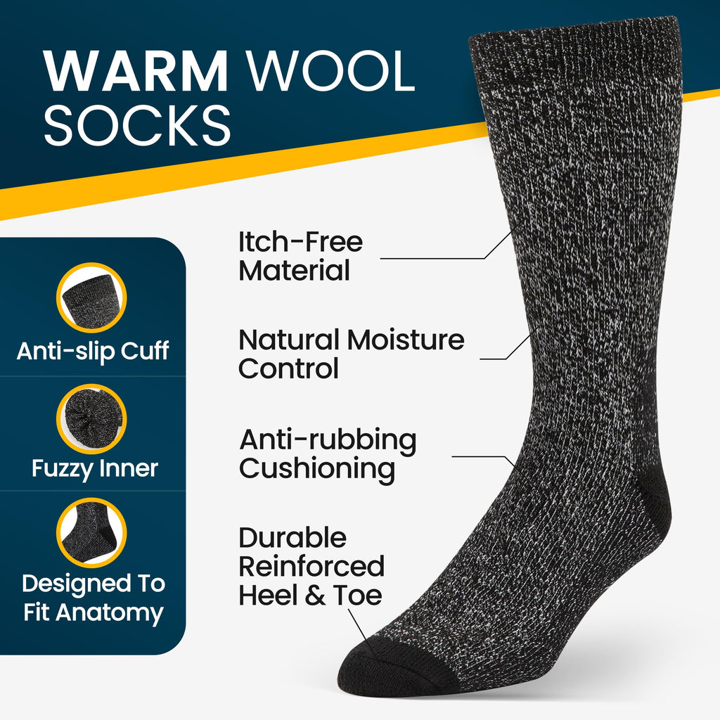 Mens Merino Wool Crew Socks Thermal and Warm Socks for Winter Work Hiking Running 3 Pairs