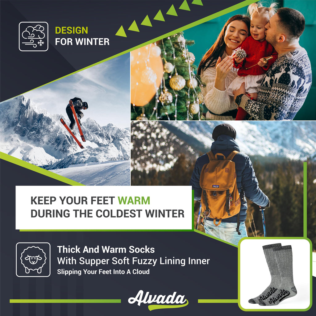 Mens Merino Wool Crew Socks Thermal and Warm Socks for Winter Work Hiking Running 3 Pairs