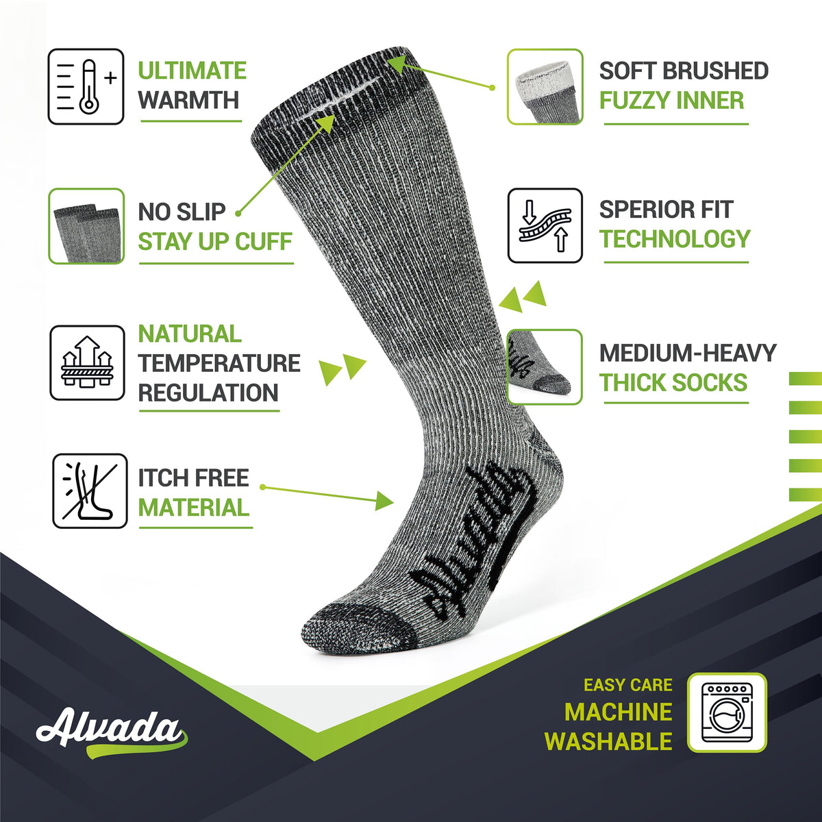 Mens Merino Wool Crew Socks Thermal and Warm Socks for Winter Work Hiking Running 3 Pairs