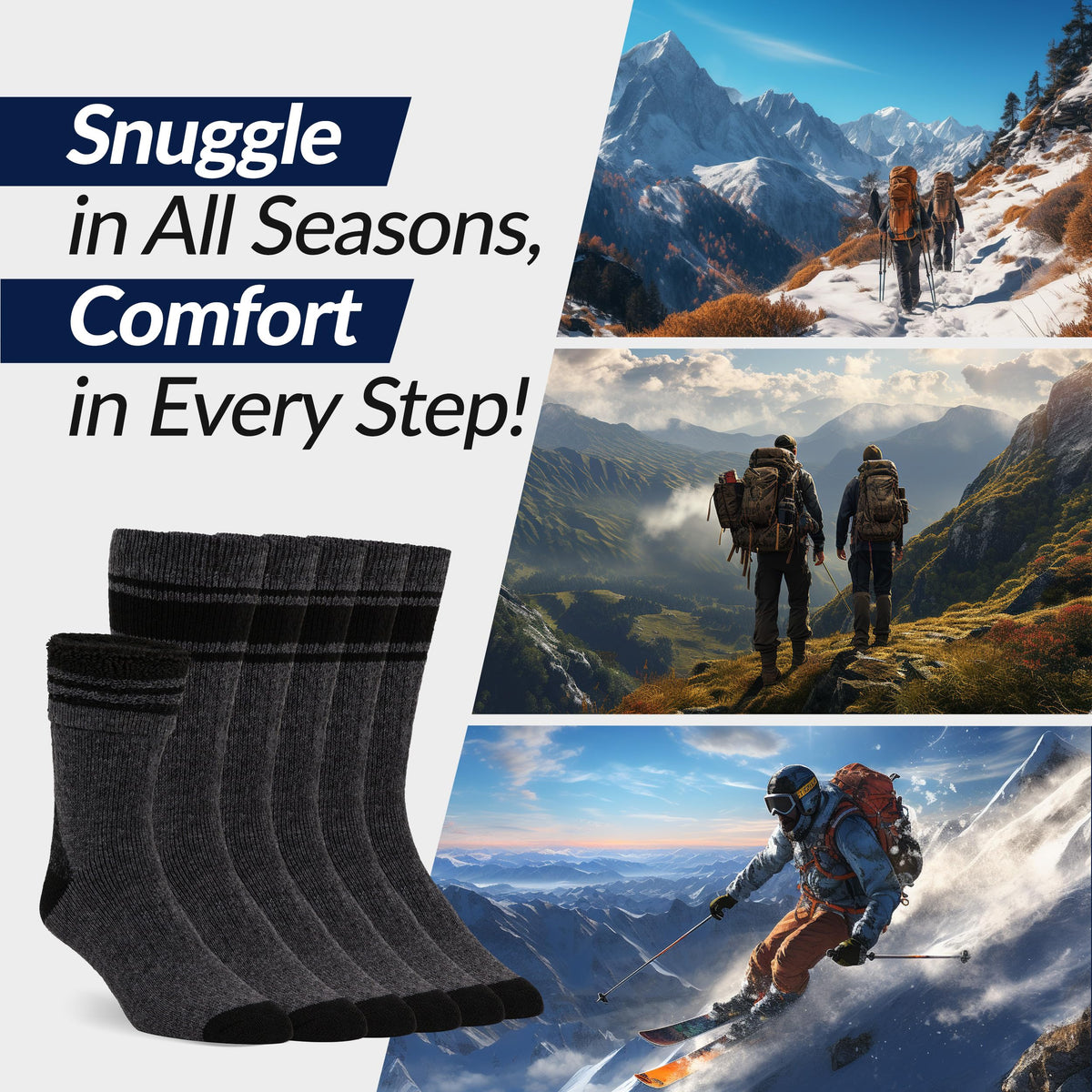Mens Merino Wool Crew Socks Thermal and Warm Socks for Winter Work Hiking Running 3 Pairs