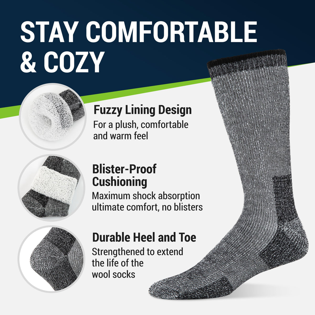 Mens Merino Wool Crew Socks Thermal and Warm Socks for Winter Work Hiking Running 3 Pairs